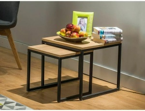 SET 2 MASUTE DE CAFEA LARGO DUO, 40/50 CM, STEJAR/NEGRU, BLAT DIN MDF SI CADRU DIN METAL, STIL MODERN - Img 1
