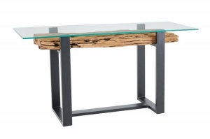 CONSOLA, BARRACUDA 150CM, LEMN MASIV DE TEC SI STICLA, NATUR/NEGRU, MODEL DEOSEBIT - Img 6