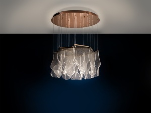 LUSTRA/PLAFONIERA VELOS, CU TELECOMANDA, 80/270 CM, AURIU ROSE/TRANSPARENT, DIN METAL SI METACRILAT MICROIMPRIMAT, STIL MODERN - Img 3