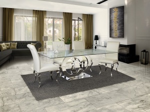 MASA DINING CASANDRA, 160 CM, CROM/TRANSPARENT, BLAT DIN STICLA SECURIZATA SI PICIOARE DIN OTEL, STIL MODERN