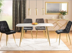 MASA DINING CERES, 140 CM, EFECT DE MARMURA ALBA/AURIU, BLAT DIN MDF, STICLA SECURIZATA SI PICIOARE DIN METAL, STIL MODERN - Img 1