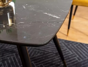 MASA DINING CYRYL I, 140 CM, EFECT DE MARMURA NEAGRA/NEGRU/AURIU, DIN MDF, STICLA SECURIZATA SI METAL, STIL MODERN - Img 5