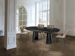 MASA DINING EXTENSIBILA CAPRI, 206/406 CM, EFECT DE MARMURA NEAGRA/NEGRU MAT, BLAT DIN MDF LAMINAT SI PICIOARE DIN METAL, STIL MODERN