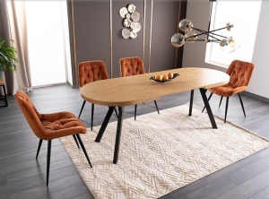 MASA DINING EXTENSIBILA DOMINGO II, 140/272 CM, STEJAR/NEGRU, BLAT DIN FURNIR NATURAL SI PICIOARE DIN METAL, STIL MODERN - Img 4