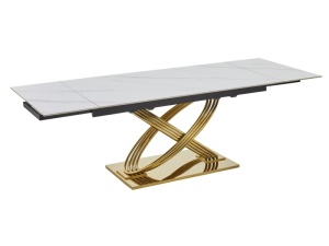 MASA DINING EXTENSIBILA, HERMES II, 160(240)X90, EFECT DE MARMURA ALBA/AURIU, BLAT DIN CERAMICA SI PICIOARE DIN METAL , STIL MODERN