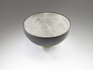 MASUTA DE CAFEA CANDY, 72 CM, EFECT DE MARMURA GRI/AURIU/GRI, BLAT DIN PIATRA SINTERIZATA SI PICIOR DIN PIELE SI METAL, STIL MODERN - Img 4