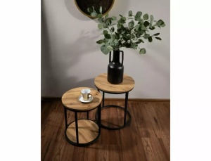 SET 2 MASUTE DE CAFEA INTO, 35/40 CM, STEJAR ARTISAN/NEGRU, BLAT DIN MDF, FURNIR NATURAL SI CADRU DIN METAL, STIL MODERN - Img 1