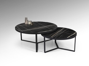 SET MASUTE DE CAFEA NAIRA, 91/71 CM, EFECT DE MARMURA NEAGRA/NEGRU MAT, BLAT DIN MDF LAMINAT SI PICIOARE DIN METAL, STIL MODERN - Img 3