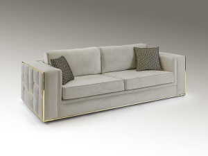 CANAPEA BERLIN, 245 CM, GRI DESCHIS/AURIU, TAPITERIE DIN CATIFEA SI DETALII DIN METAL, STIL MODERN