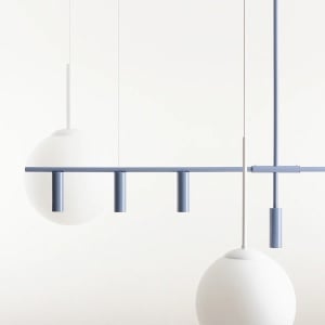 LUSTRA TREVO, 6 BRATE, 86 CM, ALBASTRA, DIN METAL, STIL MODERN - Img 3