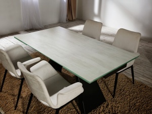 MASA DINING EXTENSIBILA ALAI, 160/240 CM, ALB CU NERVURI/NEGRU NISIPIU, BLAT DIN STICLA SECURIZATA SI PICIOARE DIN METAL, STIL MODERN - Img 5