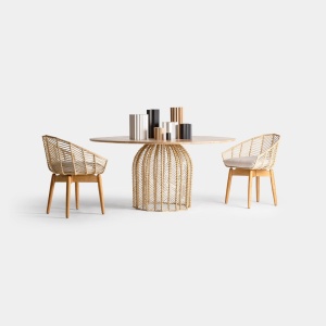 MASA DINING PLISSÉ REF. 28401, DIN LEMN MASIV DE MAHON, METAL SI RATTAN, STIL MODERN, VIC