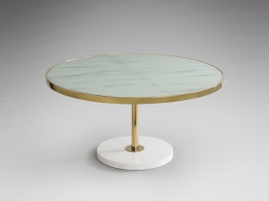 MASUTA DE CAFEA DEKALA, 90 CM, EFECT DE MARMURA ALBA/AURIU/ALB, BLAT DIN MARMURA SI STICLA SECURIZATA SI PICIOR DIN OTEL, STIL MODERN - Img 2