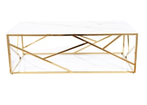 MASUTA DE CAFEA ESCADA A II, 120 CM, EFECT DE MARMURA ALBA/AURIU, BLAT DIN STICLA SECURIZATA SI CADRU DIN METAL, STIL MODERN - Img 2