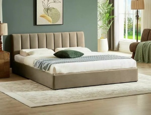 PAT DORMITOR MONTREAL, CU SPATIU DE DEPOZITARE, 140 CM, BEJ BLUVEL 28, TAPITERIE DIN CATIFEA, STIL MODERN - Img 1