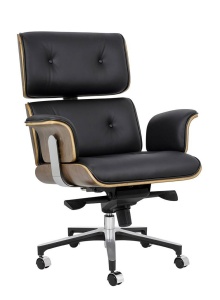 SCAUN DE BIROU LOUNGE BUSINESS, NEGRU/NUC, PIELE NATURALA SI LEMN DE NUC, STIL MODERN