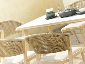 SET MOBILIER DE TERASA BRIZNA, MASA+6 SCAUNE, EFECT DE MARMURA ALBA/FAG/BEJ, DIN LEMN DE FAG SI FIBRA SINTETICA, STIL MODERN - Img 3