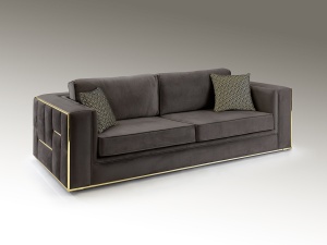 CANAPEA BERLIN, 245 CM, GRI/AURIU, TAPITERIE DIN CATIFEA SI DETALII DIN METAL, STIL MODERN