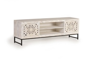 COMODA TV 1276, ALB, DIN LEMN DE MANGO SCULPTAT/METAL, STIL INDUSTRIAL G&C