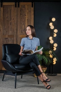 FOTOLIU CONFORTABIL LAZY, NEGRU, DIN PIELE ECOLOGICA SI METAL, STIL MODERN