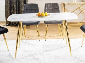 MASA DINING CERES, 140 CM, EFECT DE MARMURA ALBA/AURIU, BLAT DIN MDF, STICLA SECURIZATA SI PICIOARE DIN METAL, STIL MODERN - Img 4