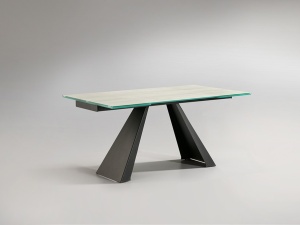 MASA DINING EXTENSIBILA ALAI, 160/240 CM, ALB CU NERVURI/NEGRU NISIPIU, BLAT DIN STICLA SECURIZATA SI PICIOARE DIN METAL, STIL MODERN - Img 2