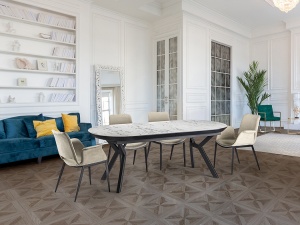 MASA DINING EXTENSIBILA ANTEA, 206/285 CM, EFECT DE MARMURA ALBA/NEGRU MAT, BLAT DIN MDF LAMINAT SI PICIOARE DIN METAL, STIL MODERN