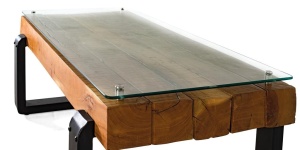 MASUTA DE CAFEA 120CM, NATUR/NEGRU, LEMN RECICLAT, STICLA SI METAL, MODEL DEOSEBIT - Img 2