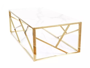 MASUTA DE CAFEA ESCADA A II, 120 CM, EFECT DE MARMURA ALBA/AURIU, BLAT DIN STICLA SECURIZATA SI CADRU DIN METAL, STIL MODERN - Img 3