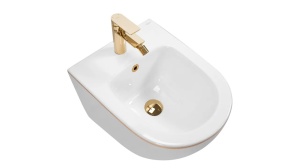 SET VAS DE TOALETA CARLO FLAT MINI+BIDEU CARLO MINI EDGE SUSPENDATE, ALB/AURIU, DIN CERAMICA, CALITATE SUPERIOARA - Img 5