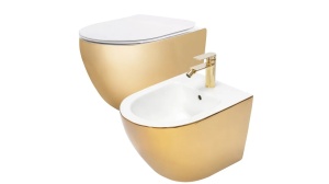 SET VAS DE TOALETA REA CARLO FLAT+BIDEU CARLO MINI SUSPENDATE, AURIU/ALB, DIN CERAMICA, CALITATE SUPERIOARA