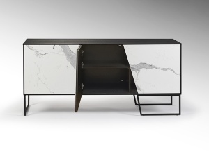 COMODA/BUFET KERALA, 160 CM, EFECT DE MARMURA ALBA/NEGRU/NEGRU MAT, DIN MDF, CERAMICA SI CADRU DIN METAL, STIL MODERN - Img 5