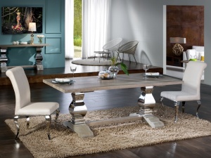 MASA DINING ANTICA, 200 CM, PATINA ALBA/CROM, BLAT DIN LEMN MASIV SI PICIOARE DIN OTEL, STIL MODERN