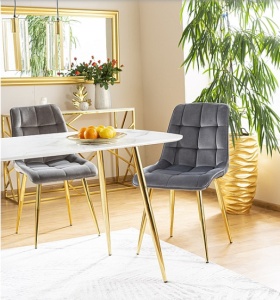 MASA DINING CERES, 140 CM, EFECT DE MARMURA ALBA/AURIU, BLAT DIN MDF, STICLA SECURIZATA SI PICIOARE DIN METAL, STIL MODERN - Img 5