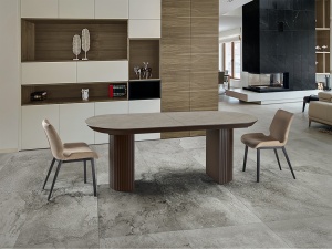 MASA DINING EXTENSIBILA IRATI, 206/283 CM, EFECT DE PIATRA MARO MAT/MARO, BLAT DIN MDF SI PICIOARE CU SUPRAFATA CANELATA, STIL MODERN