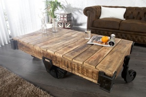 MASUTA DE CAFEA 120CM, RAILWAY, DIN LEMN MASIV SI METAL, DESIGN INDUSTRIAL