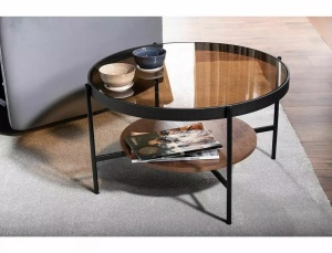 MASUTA DE CAFEA PRIMA B, 74 CM, CHIHLIMBAR/NUC/NEGRU, BLAT DIN STICLA SECURIZATA, MDF SI CADRU DIN METAL, STIL MODERN - Img 1
