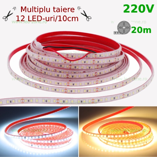 Banda LED 2835 120 SMD/ML 220V Lupa Autoadeziva Taiere 10cm Rola 20m