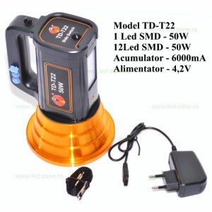 Lanterna LED De Mana 50W cu Acumulator 220V