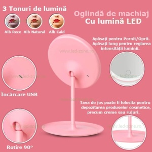 Oglinda Machiaj LED 5W 3 Functii USB Roz