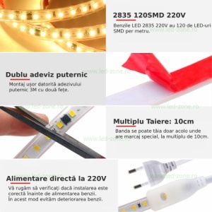 Banda LED 2835 120 SMD/ML 220V Autoadeziva Taiere 10cm - Img 3