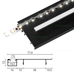 Profil Aluminiu Aplicat Negru Dispersor Alb 2M 14.3MM Plinta - Img 3