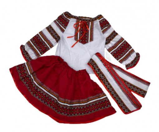 Costum popular pentru fetite, alb-rosu, 3 piese