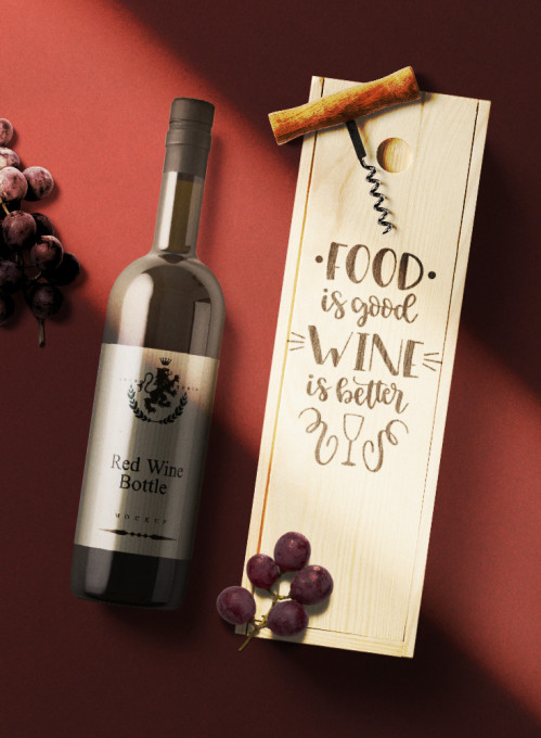 Cutie personalizata din lemn pentru vin Food is good wine is better