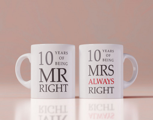Set 2 cani personalizate 10 years of being Mr. Right and Mrs. Always Right