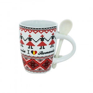 Cana cu lingurita I love Romania 10.6 cm alba, suvenir Romania