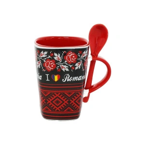 Cana cu lingurita Romania 10.6 cm Negru + rosu