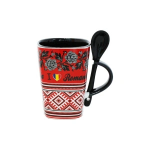 Cana cu lingurita Romania 10.6 cm Rosu + Negru