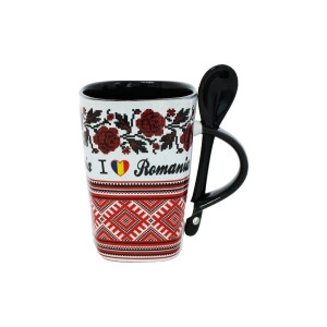Cana cu lingurita Romania 10.6cm Alb + negru