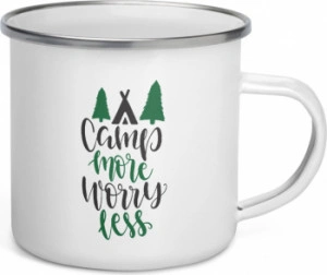 Cana metalica emailata personalizata Camp more worry less